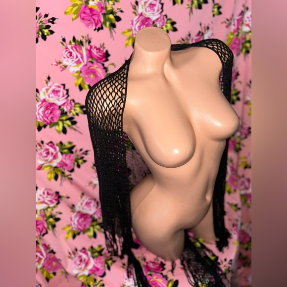 Crochet betsey Johnson extra long fringe tassel cape beaded poncho Shawl wrap OS - Picture 5 of 5